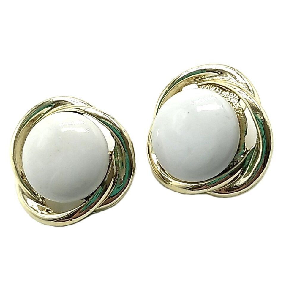 Vintage Post Earrings White Cabochon Gold-tone Twisted Rope